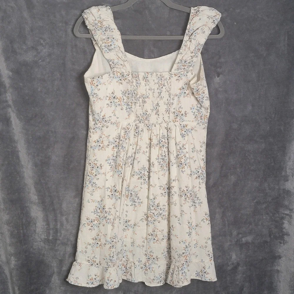 Patrons of Peace Mini Dress S White Floral Ruffle Hem Smocked Back Cottagecore